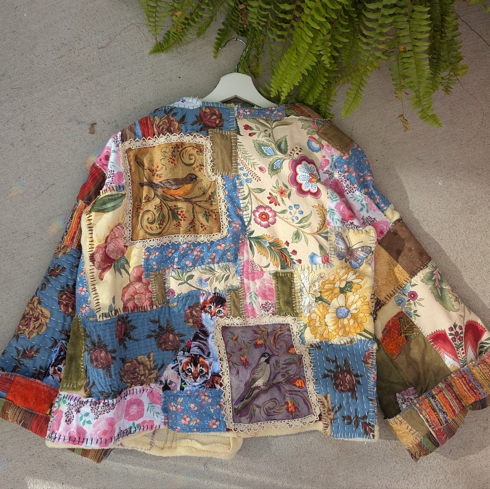 Handmade Boho Hippie Handstitched Patchwork Jacket Upcycled Appliqué Oversized - Picture 10 of 14